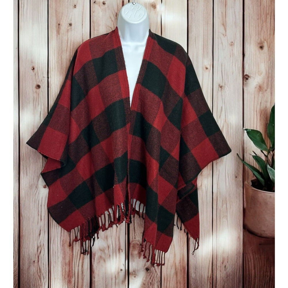 Abercrombie & Fitch Blanket Scarf Poncho Red Black Plaid Flannel One Size